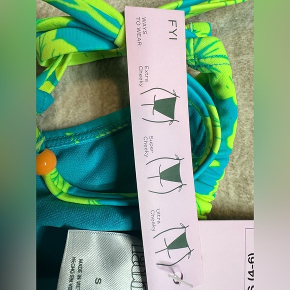 NWT Women's String Sexy Fit Bikini Bottom Blue Neon Green Tropical Floral small - Picture 3 of 5